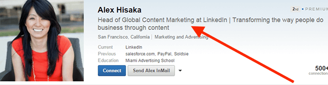 A screenshot of Alex Hisaka's LinkedIn profile, demonstrating a good practice of keeping an employer's name in your headline when using LinkedIn to find a job while employed.