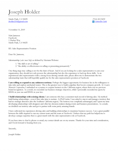 good covering letter for sales manager
