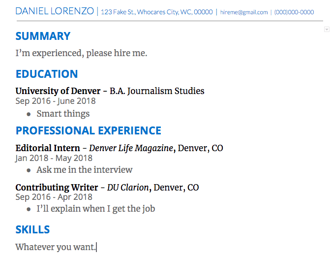 A screen shot of a mock resume Daniel created. Writing "references available upon request" is the equivalent of writing, as this image shows, "Professional Experience: I'll explain in the interview."
