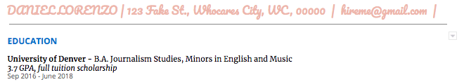 A screenshot of a pink, frilly cursive font used for a header on the author's resume - an example of how not to use font to make your resume stand out.
