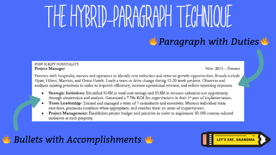 A graphic with an example detailing the Hybrid-Paragraph technique - a method for deciding between resume bullet points or paragraphs, featuring the Let's Eat, Grandma pencil logo