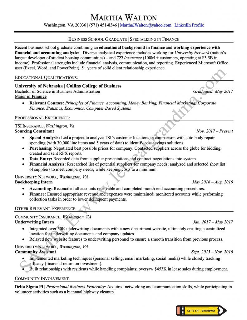 A clickable image of an entry level resume sample professionally done by Let's Eat, Grandma.