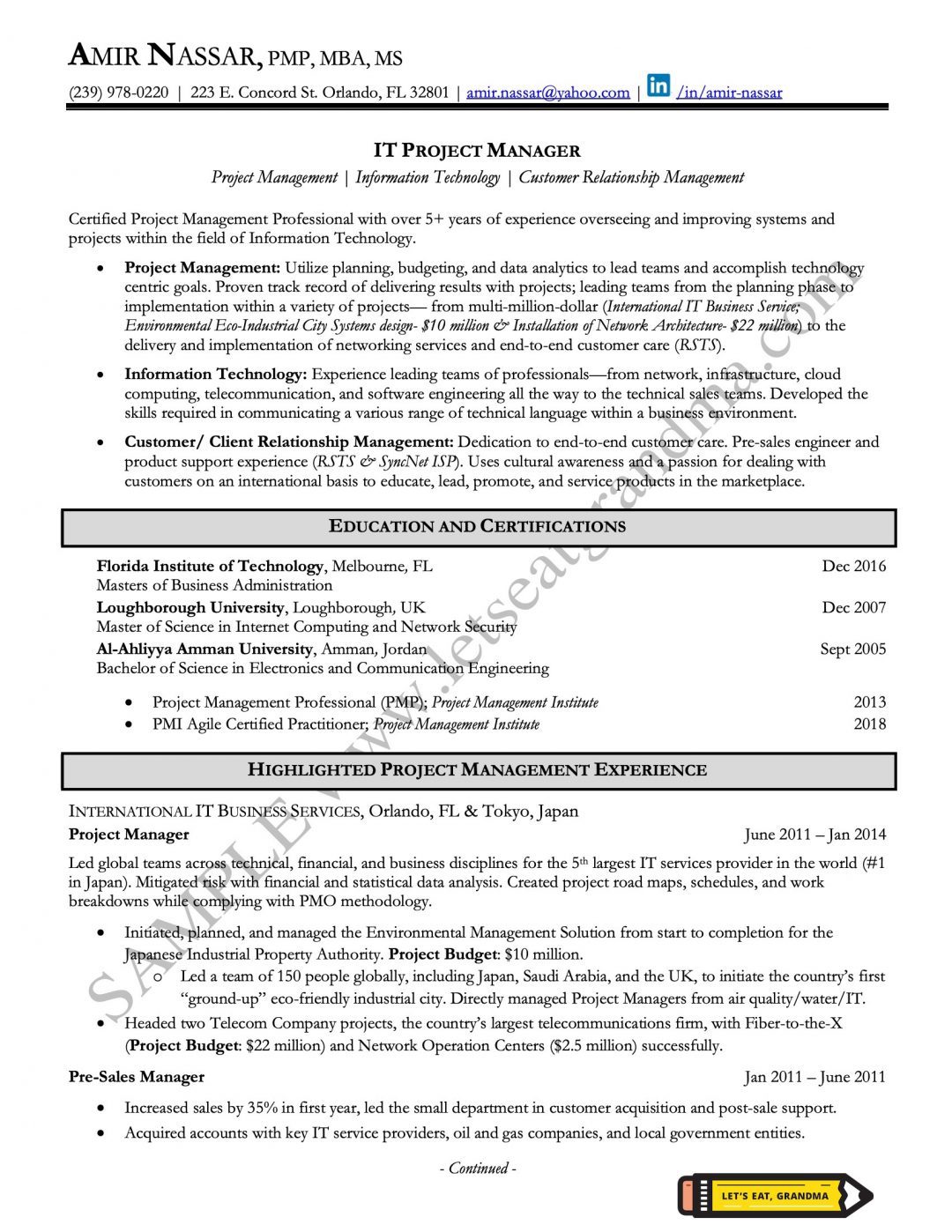 project management resume points
