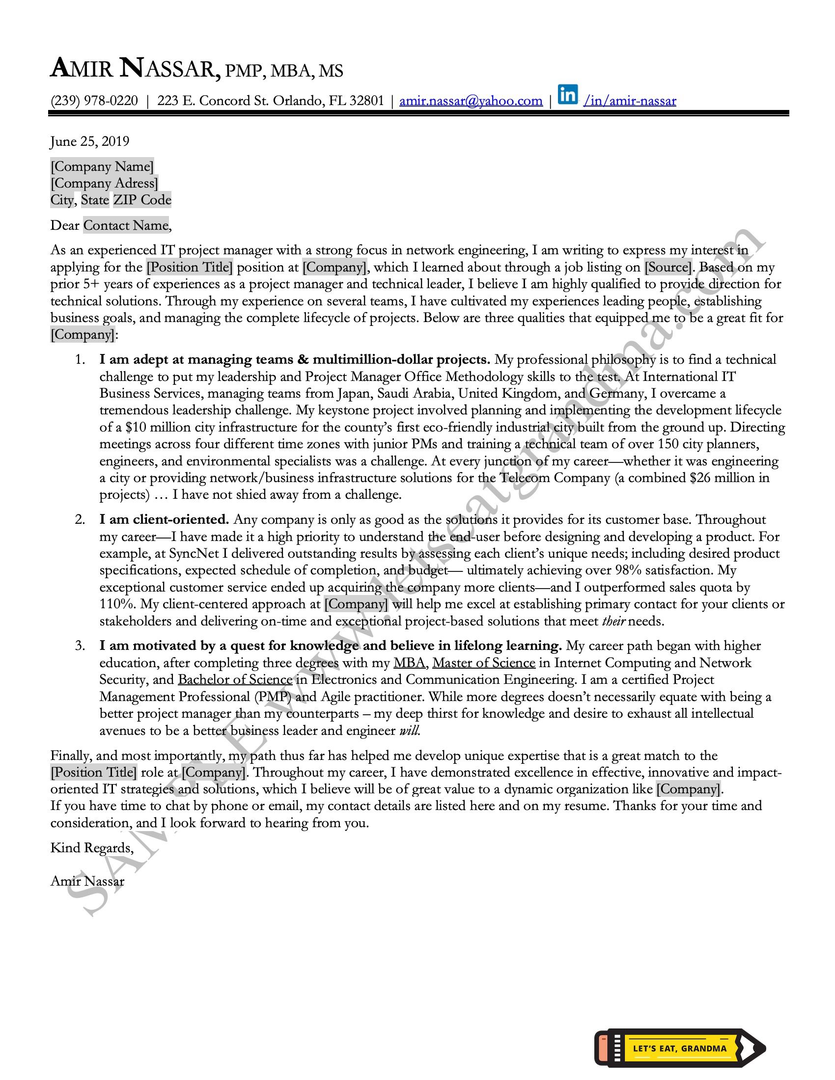 Project Manager Cover Letter Sample with Guide | Let's Eat, Grandma