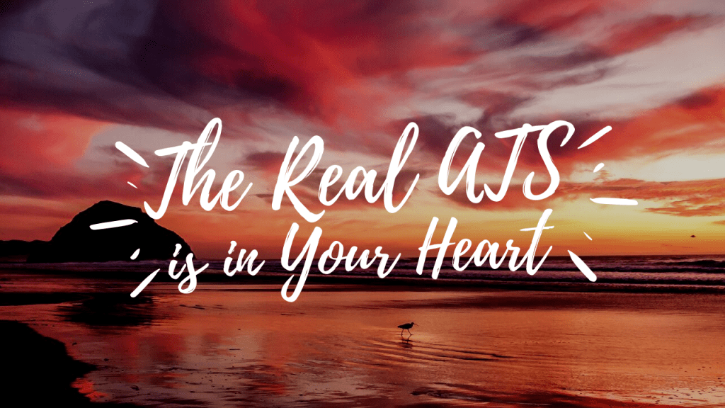 A cheesy, tongue-in-cheek inspirational graphic, with a sunset background behind flowy text reading "The Real ATS is in your heart."