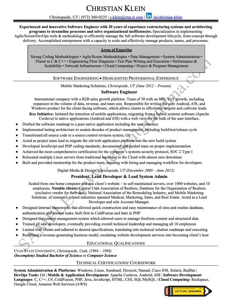 A Software Engineer Resume Sample, professional rewritten by Let's Eat, Grandma