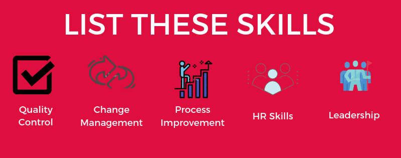 A graphic with icons representing the 5 in-demand operations manager resume skills listed in the article.