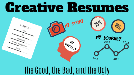 A graphic with several, scattered infographic and other creative resume elements, with an alternate version of the article's title: "Creative Resume Examples: The Good, the Bad, and the Ugly"