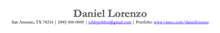 An example of a resume header showing how to spell out URLs when including hyperlinks.