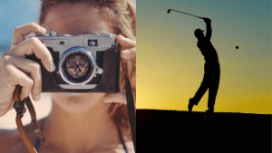 A composite image with a woman taking a photograph and the silhouette of a man playing golf – common hobbies and interests for a resume.