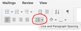 A screenshot of the author's resume in Microsoft Word with a crucial button for resume line spacing circled in red.