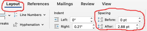 A screenshot of the author's resume in Microsoft Word demonstrating 2 crucial buttons for resume line spacing, which are circled in red.