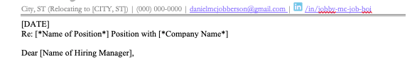 A screen shot of a hypothetical cover letter with minimal contact information, one of the factors to discern when deciding how long a cover letter should be.