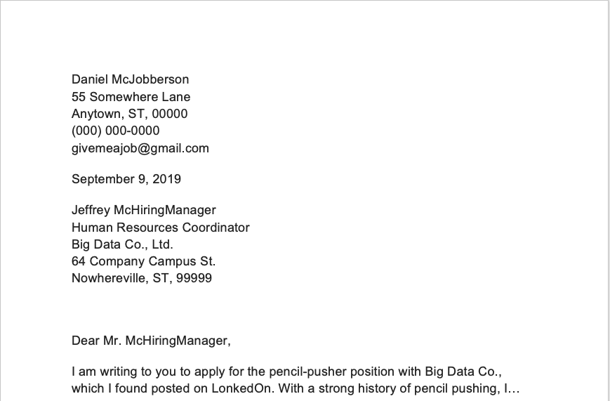 A screen shot of a hypothetical cover letter filled with extensive contact information, one of the factors to discern when deciding how long a cover letter should be.