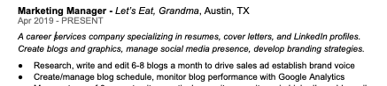 A screenshot of the author's resume featuring only a very brief description of a company and his responsibilities for a professional experience, one of the techniques used to shorten your resume.