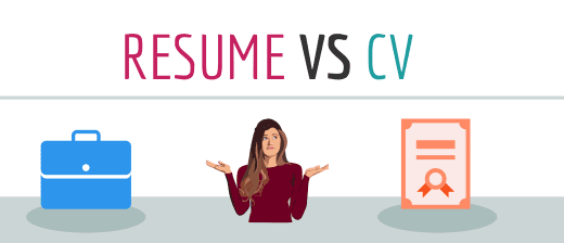 A title graphic featuring icons of a briefcase, a diploma, and a shrugging woman in between them, with an alternate version of the article's title: Resume vs CV
