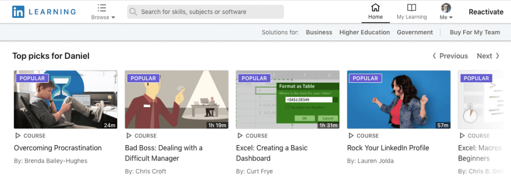 A screenshot of some of the videos available on LinkedIn Learning, one of the author's favorite features of LinkedIn Premium Career.