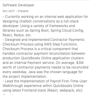 A screenshot of an example of poor bullet points in the LinkedIn Resume Assistant feature in Microsoft Word for Microsoft Office 365 subscribers.