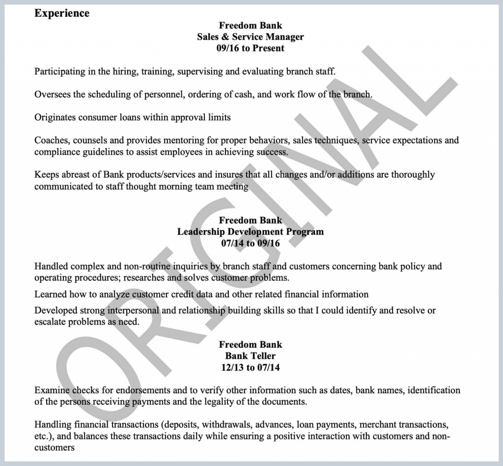 A screenshot of a Let's Eat, Grandma client's former resume, illustrating the common resume mistake of vague content without metrics.