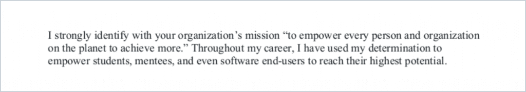 An example of a company's mission statement naturally integrated into a cover letter, one of our best cover letter tips for 2020.