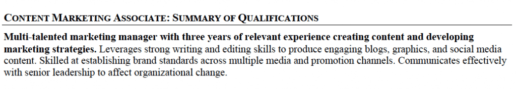 An screenshot of a modified resume, demonstrating one method of integrating ATS keywords without having having to change a job title on a resume.