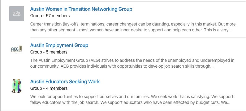 A screenshot of search results for LinkedIn groups, a crucial part of networking for a job from home.