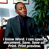 A humorous gif of a TV character bragging about the basic functions of Microsoft Word, a skill to leave off a resume.