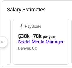 A screenshot of a cursory google search for salary ranges of Social Media Managers in Denver, 
