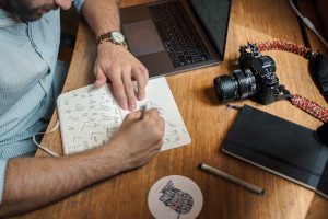 An stock photo of a person writing notes in a notebook next to a laptop and a digital camera.