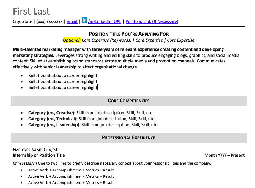 A screenshot of hybrid resume formats, one of the types of common resume formats that is advisable.