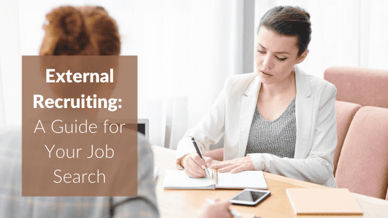 A title graphic featuring a photo of two professional women talking to each other and examining documents, overlaid with an alternate version of the article's title: "What is a Headhunter? How to Partner with an External Recruiter to Land a Job"