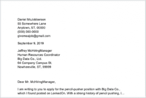 A screenshot of a cover letter with a full company address written before the body, with one address item on each line.