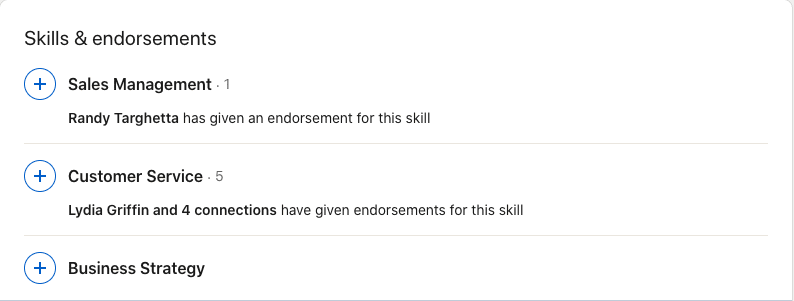A screenshot of an expanded skills section on LinkedIn with an intentional chosen top 3 skills, one of the key differences between LinkedIn and a resume.