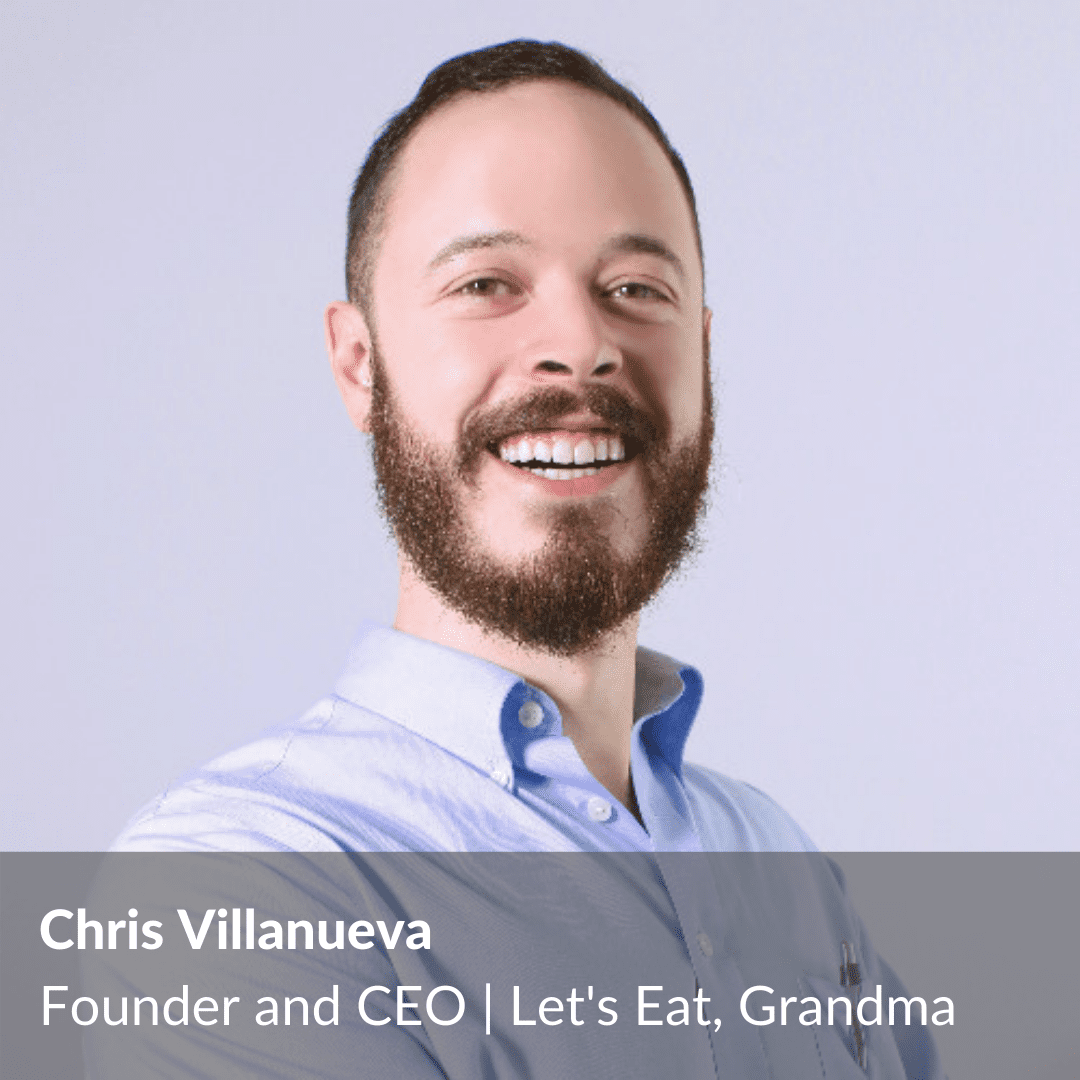 The official logo of Let's Eat, Grandma's Career Warrior Podcast, featuring the text of the show title, Let's Eat, Grandma's pencil-shaped logo, and an image of founder and host Chris Villanueva smiling.
