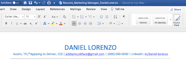 A screenshot of a resume in Microsoft Word, demonstrating a limitation of some free resume builders: they are sometimes not able to export your resume to Microsoft Word, which limits your ability to modify the resume.