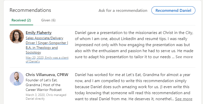 recommendations on linkedin