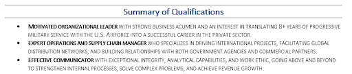 military to civilian resume summary section example