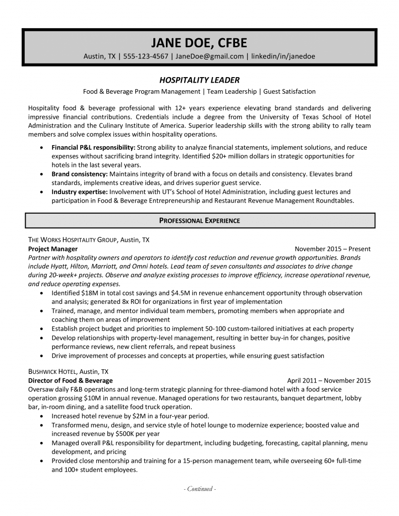 hospitality resume example