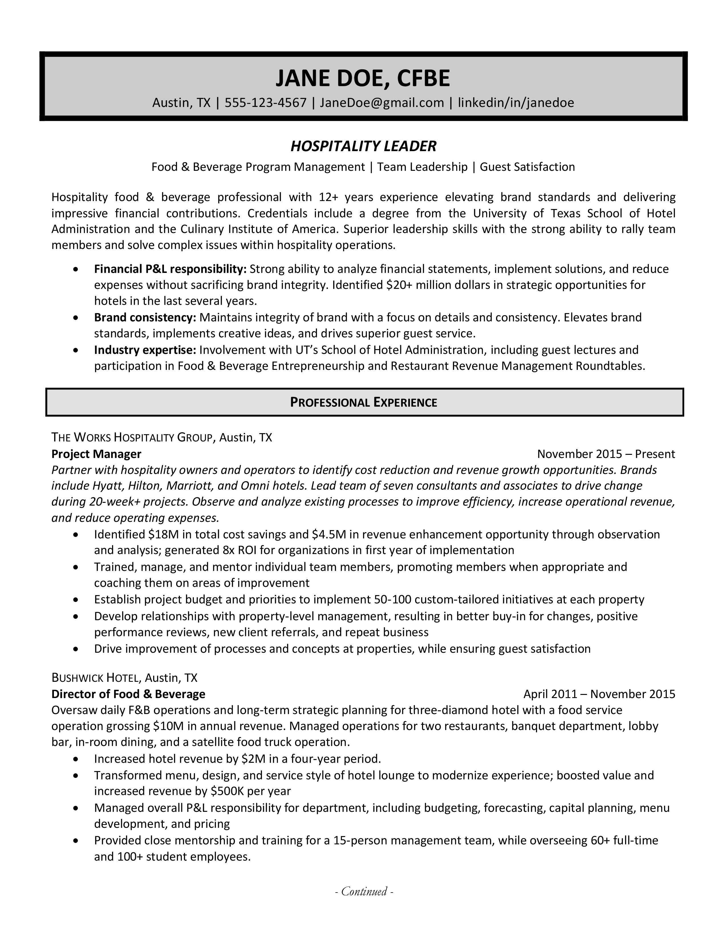 hospitality resume example