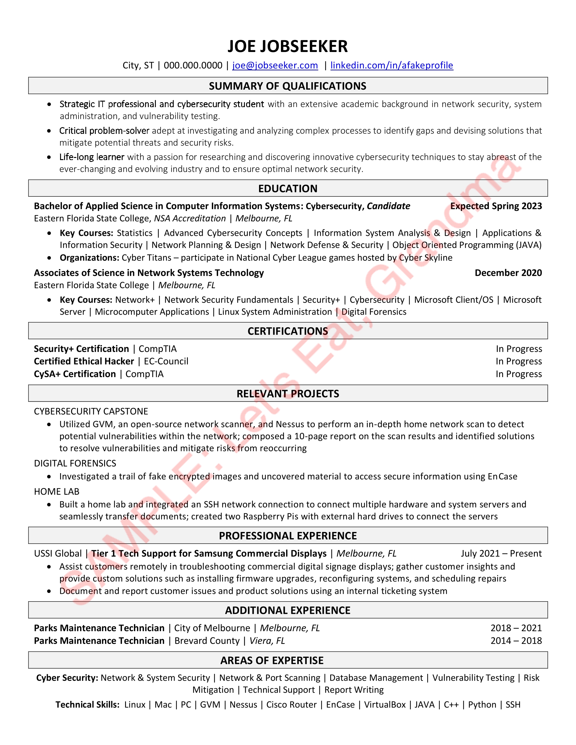 A sample Cybersecurity resume from Let's Eat, Grandma, the Best Resume Writing Service of 2022