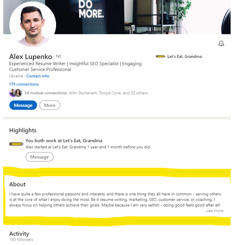 LinkedIn About section example
