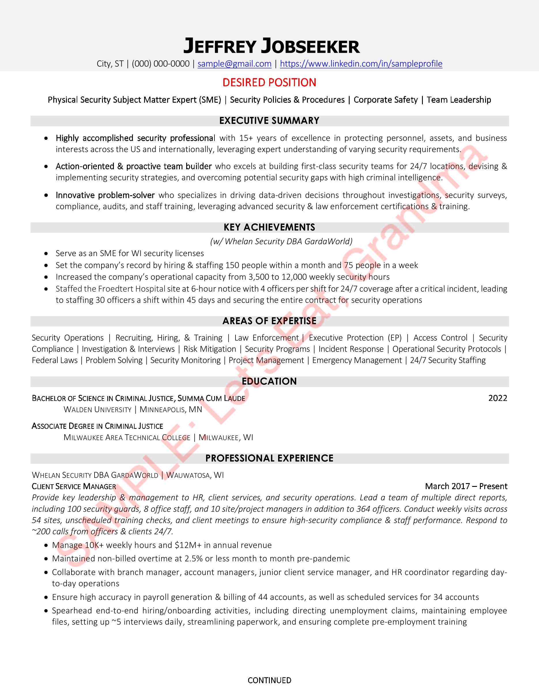 Page 1 of a sample Physical Security resume from Let's Eat, Grandma, the Best Resume Writing Service of 2022