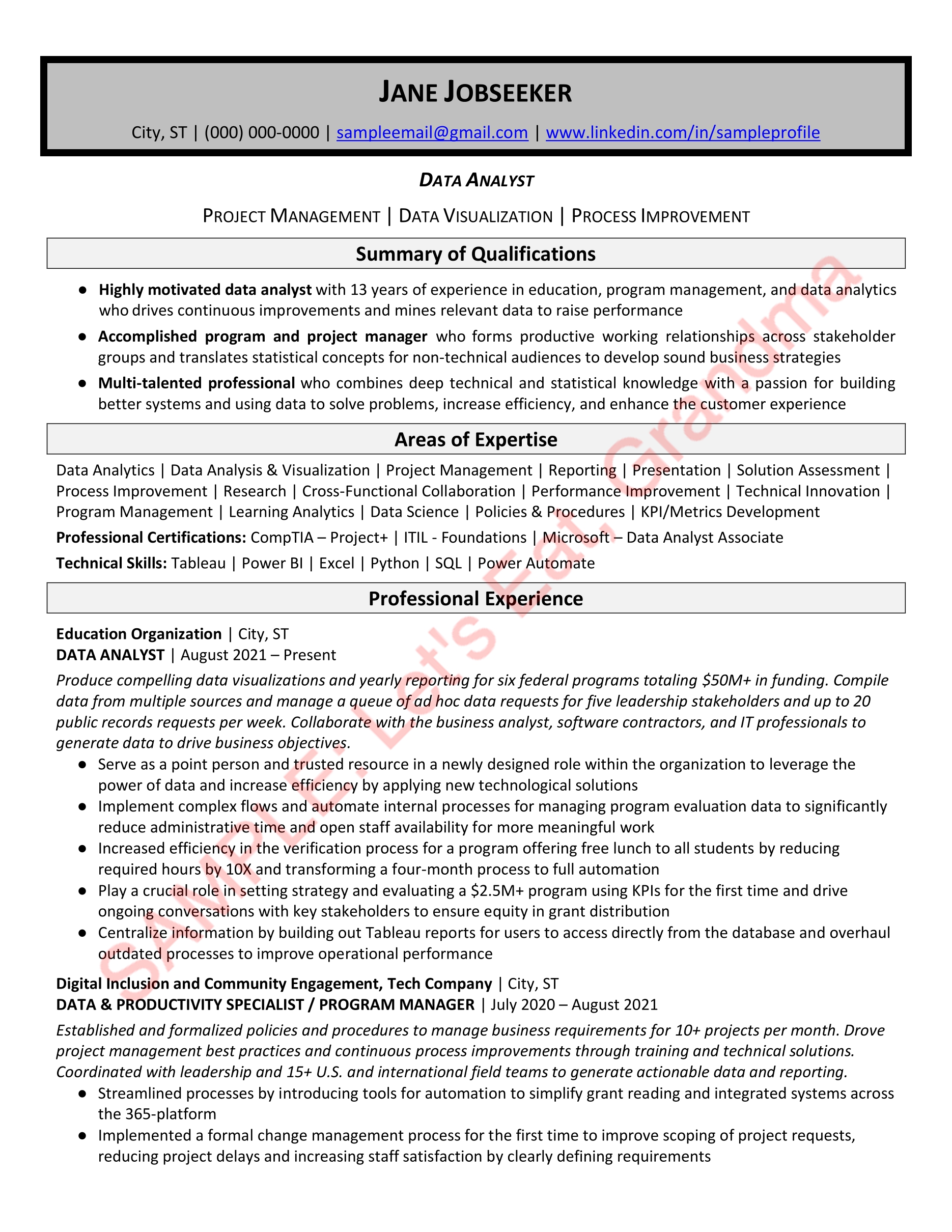 Page 1 of sample Data Analyst resume from Let's Eat, Grandma, the Best Resume Writing Service of 2022