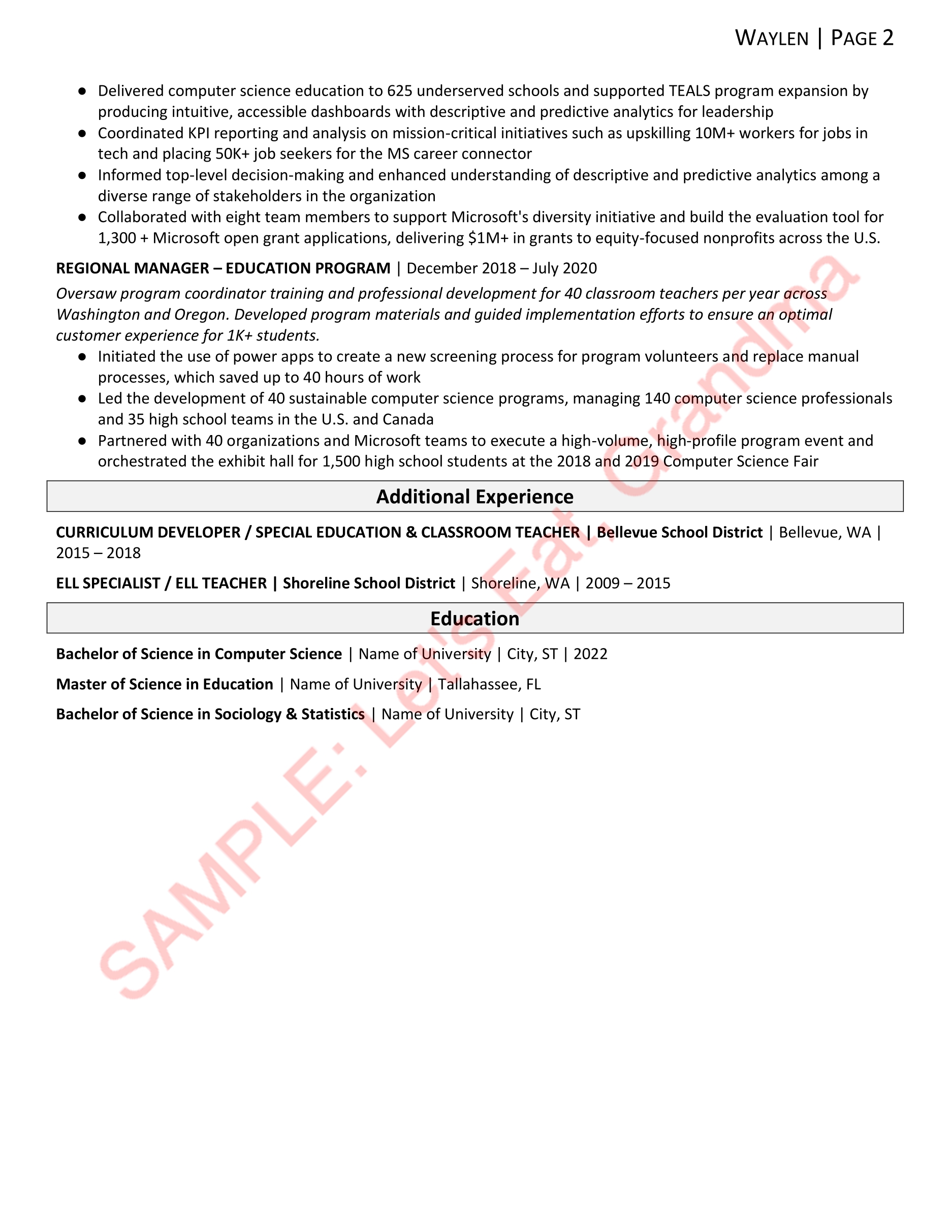 Page 2 of sample Data Analyst resume from Let's Eat, Grandma, the Best Resume Writing Service of 2022